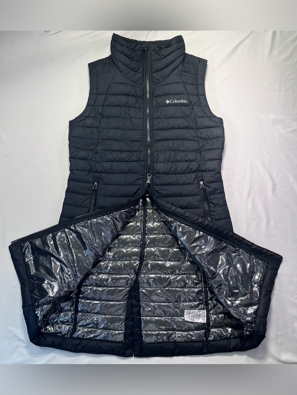 Columbia Women's White Out Long Puffer Omni Heat Full Zip Insulated Vest Black S